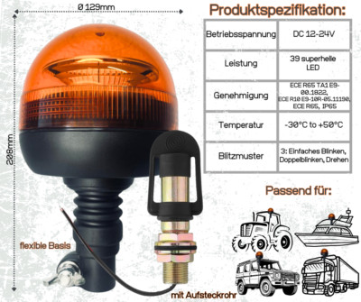Rundumleuchte Warnleuchte LED 3 Module 12-24V R65 R10 flex mit Aufsteckrohr