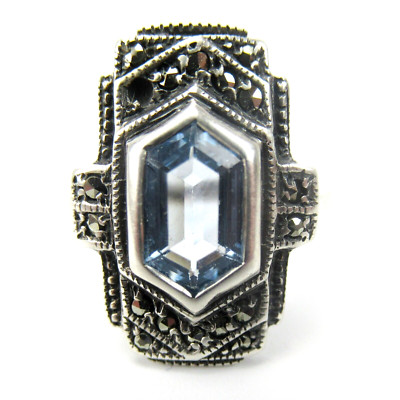 Art Deco Ring aus 925er Sterling Silber Farbstein Blau Aquamarin? Markasite