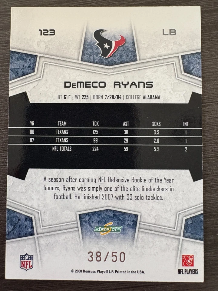 2008 Score Select DeMeco Ryans #123 Gold Zone serial /50 - Image 2 of 2