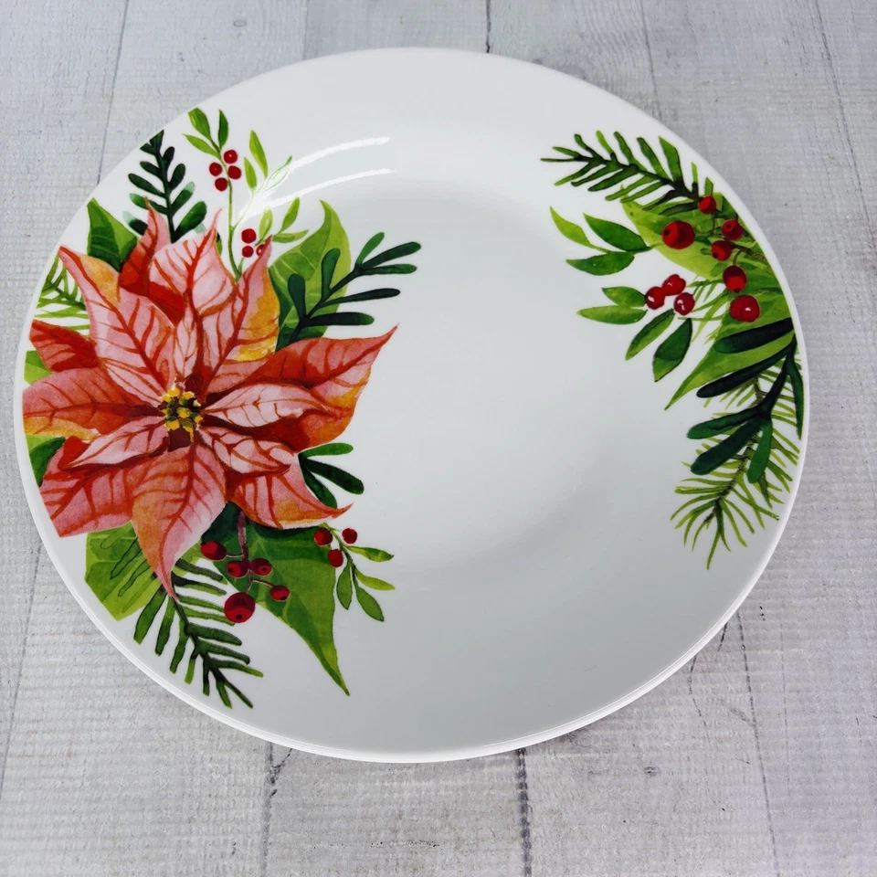 Juego de 4 platos de cena de Navidad Gibson MAGIC POINSETTIA de porcelana floral roja Foto 4 de 4
