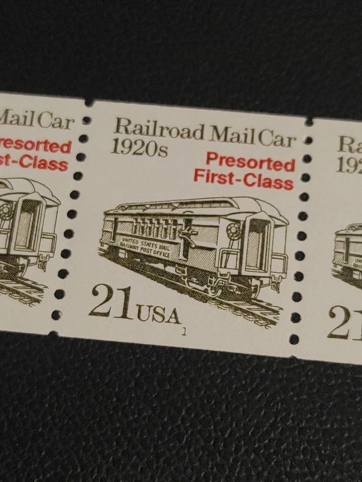 US Stamps SC #2265, Plate #1 strip of 5.  Railroad Mail Car 21c MNH. Free Ship - Image 3 of 3