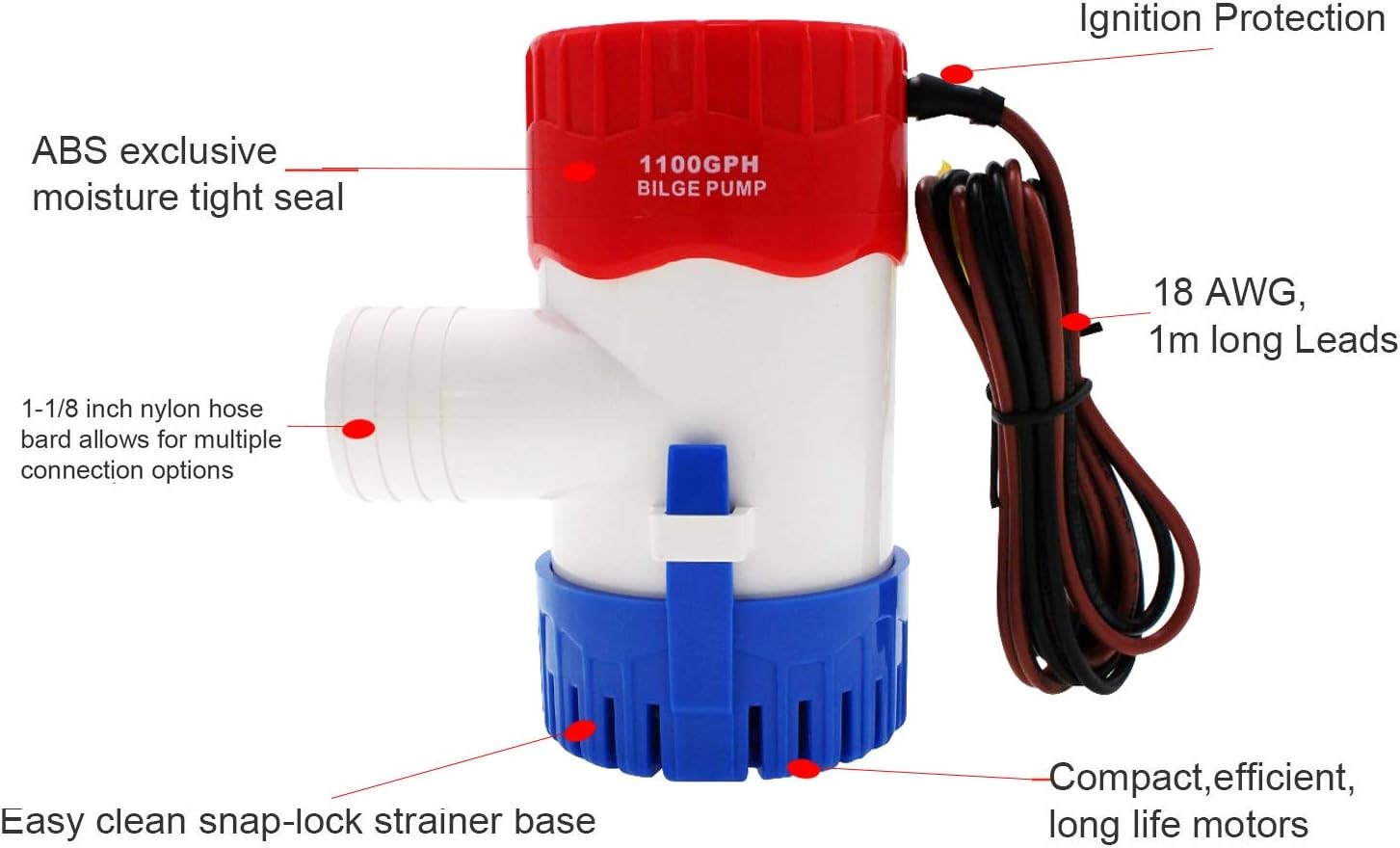 Submersible Boat Bilge Water Pump 12v 1100gph Non-Automatic Marine Electric... 