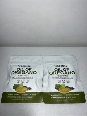 2 Sealed Resilia Oil Of Oregano 6,000 Mg, With Black Seed Oil, 60 Softgels Each 