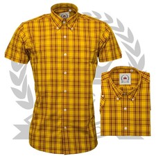 Relco Mens Check Shirt Mustard Short Sleeve Button Down Collar Tartan Retro Mod