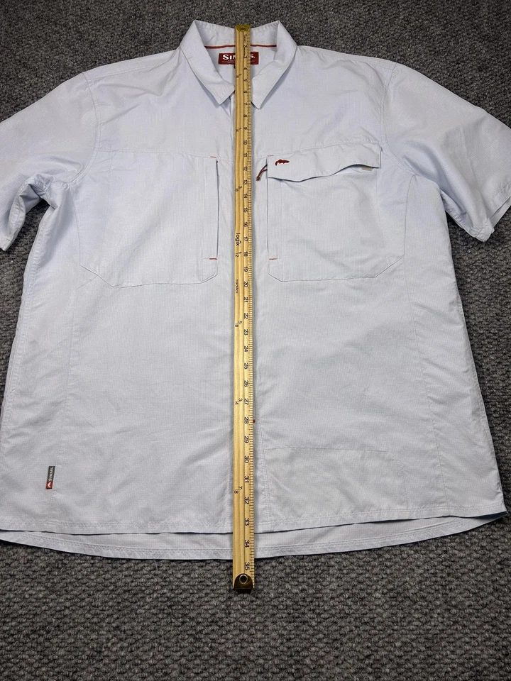 Simms Shirt Mens 2XL Light Blue Short Sleeve Fishing Button Front Zip Pocket - Image 3 of 4