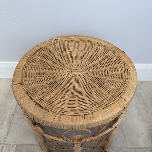 Vintage Wicker Rattan Plant Stand Boho Scroll Peacock Side Table Round 18" - Picture 7 of 7