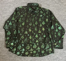 Barry Wang Men’s 2XL Button Up Shirt Black Green Christmas Tree Holiday Snow AOP