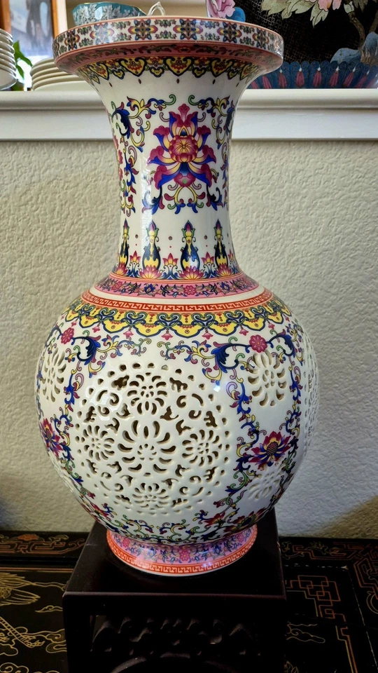 Antique Large Chinese Famille Rose Reticulated Pierced Vase Lamp Rare HTF As Is - Image 3 of 4