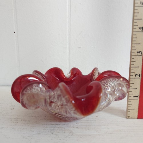 Vtg Murano Ruby Red Encased Silver Art Glass Bowl Small Ashtray Metallic Ruffle - Picture 15 of 19