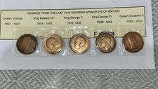 PENNIES FROM THE LAST FIVE REIGNING MONARCHS OF BRITAIN