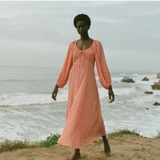 Doen Women's Ortensia Floral Print Orange Hill Side Bloom Long Maxi Gown Dress M