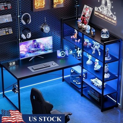 Corner Computer Desk W/ 5-Tier Shelves LED Lights Power Outlet Gaming Workspace