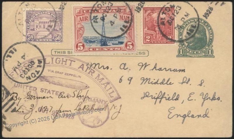 USA 1928 Graf Zeppelin Germany Mi8A Postal Card Air Mail 5c Beacon Cover 116180