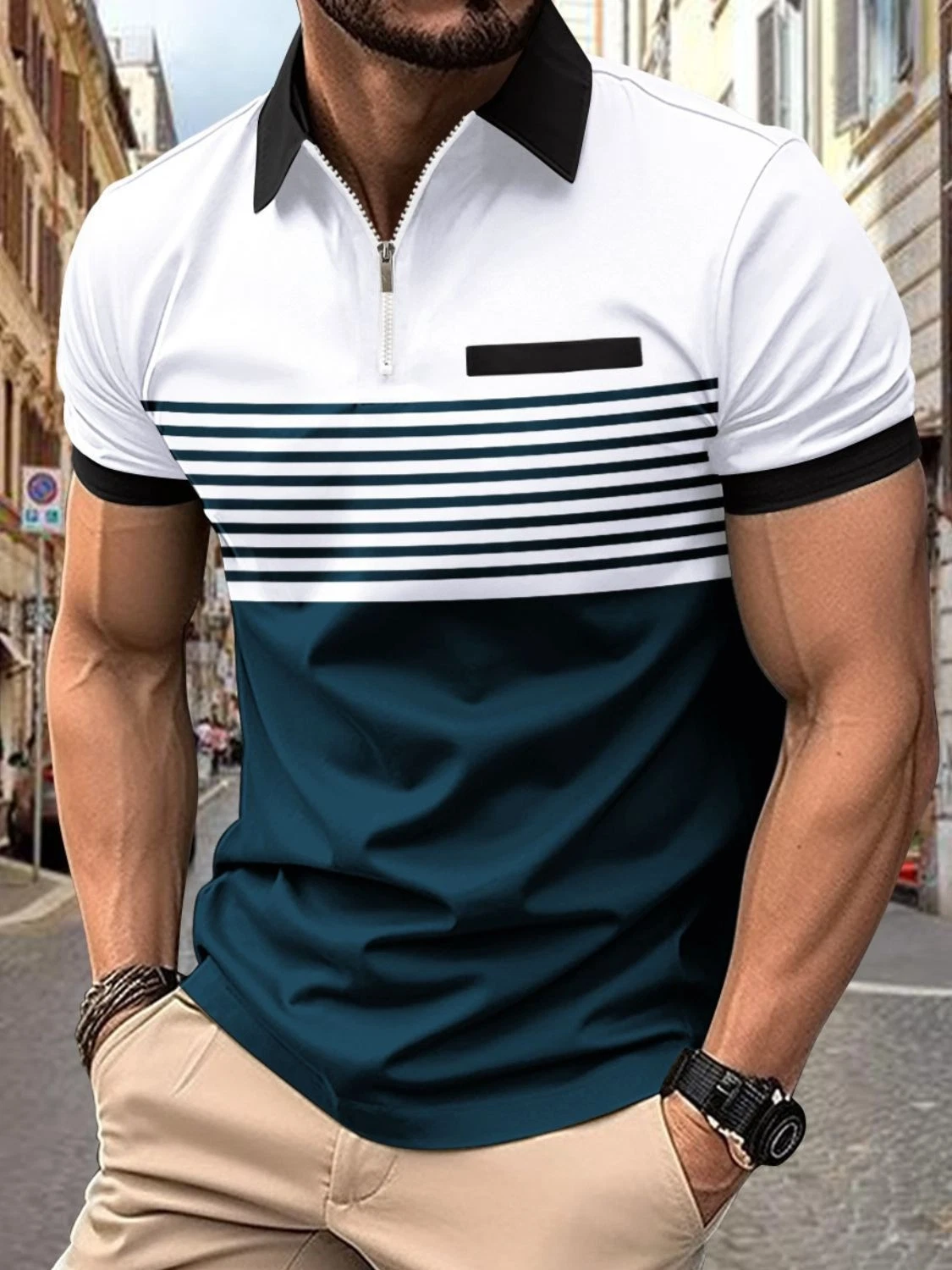 Men's Striped Zip Neck Short Sleeve Slim Fit Polo Shirt