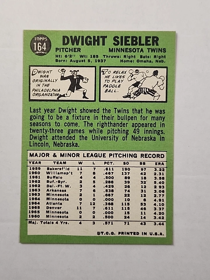 1967 O-Pee-Chee Set-Break #164 Dwight Siebler EX-EXMINT *GMCARDS* - Image 2 of 2