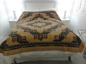 1890 HANDSTITCHED, HANDMADE OCHRE COTTON DIAMOND QUILT - 81” X 80”