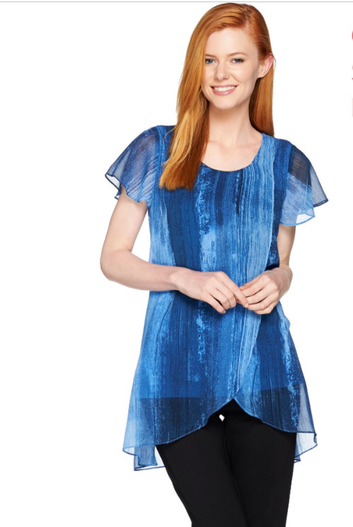 H  By  HALSTON CHIC  CHIFFON  OVERLAY  PRINTED TUNIC  TOP QVC  Sz  8  NEW  $ 79 