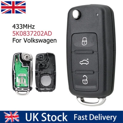 433MHz Flip Remote 3 Button Key Fob ID48 For VW Golf Mk6 Caddy Polo 5K0837202AD