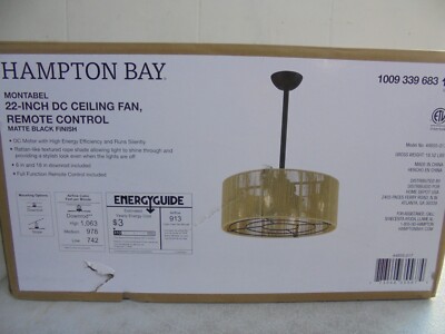 Hampton Bay Montabel 22 in. Indoor Matte Black and Natural Ceiling Fan & Remote