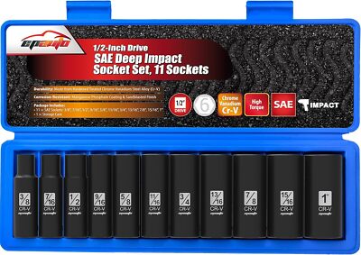 11 Sockets, 1/2-Inch Drive SAE Deep Impact Socket Set, Cr-V, 6 Points