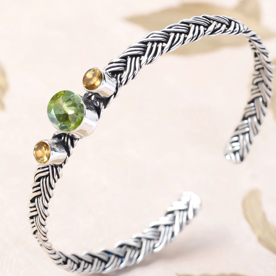 Green Peridot Cut,Citrine Topaz Gemstone Cuff 925 Sterling Silver New Art Bangle - Image 3 of 4