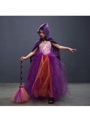 Toddler Girls Purple Witch costume Halloween w/ Broom Cape Lg 2-4y