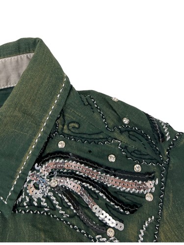 Roar Womens XS Shirt Rhinestone Embellished & Embroidered Western Green NEW - Picture 13 of 13