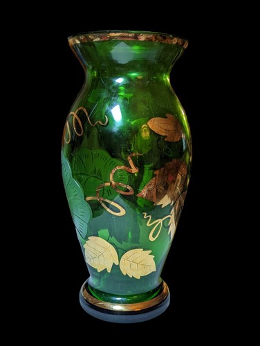 Vintage Venetian Czech Egermann Green Glass Gold Gild Vase with Etched Flowers - Picture 7 of 7