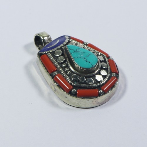 Tibetan Turquoise and coral Pendant - Nepal Amulet Jewellery Size 1.5"
