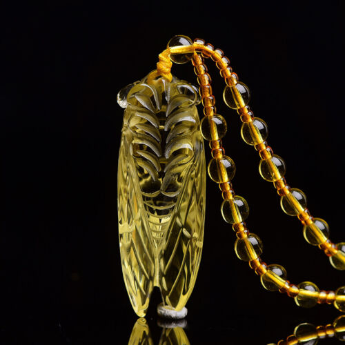 Natural topaz hand carved gold cicada necklace Pendant Women Gift Birthday - Picture 2 of 13