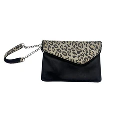 ILI New York Wristlet Purse Black Leather/Leopard Print