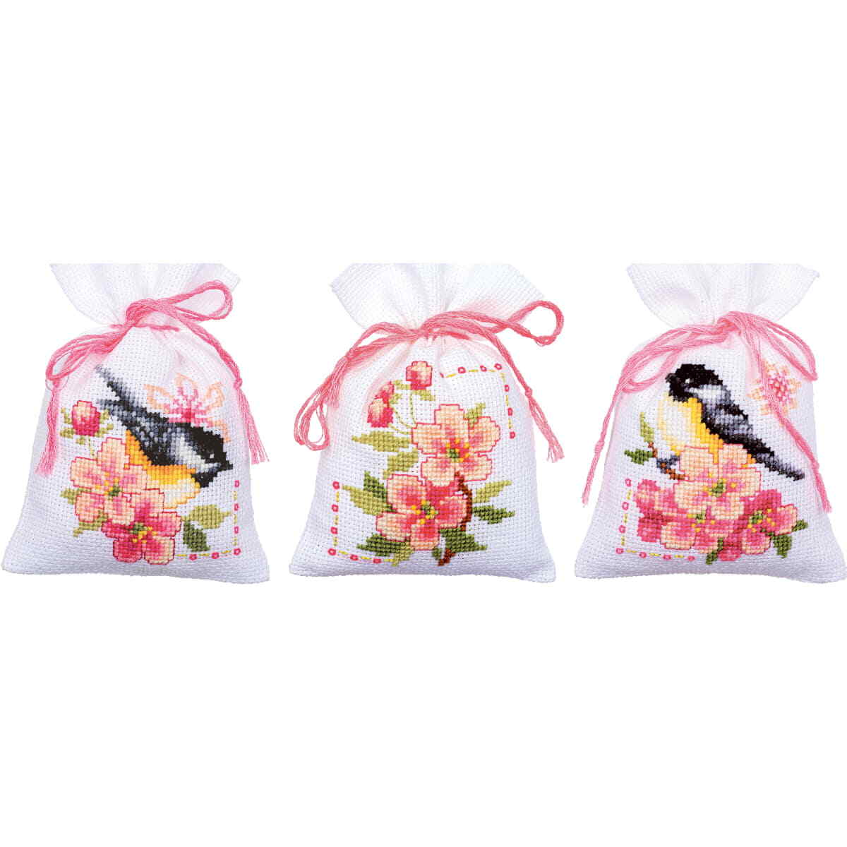 Vervaco herbal bags counted cross stitch kit ""Birds and Blossoms"" Set of 3, 8x12