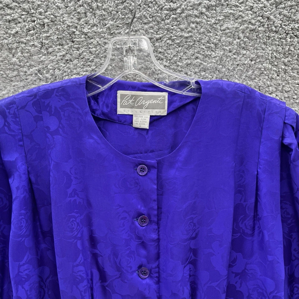 Винтажный 80-х Pat Argenti платье женщин 4 фиолетовый шелк Midi плиссированные подпоясанный рубашка платье - Изображение 2 из 4