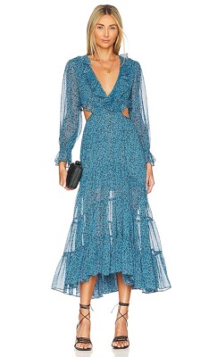MISA LA Amelia Midi Dress in Cerulean Ditzy Cutouts Ruffles Metallic Tiered  Sz M | eBay