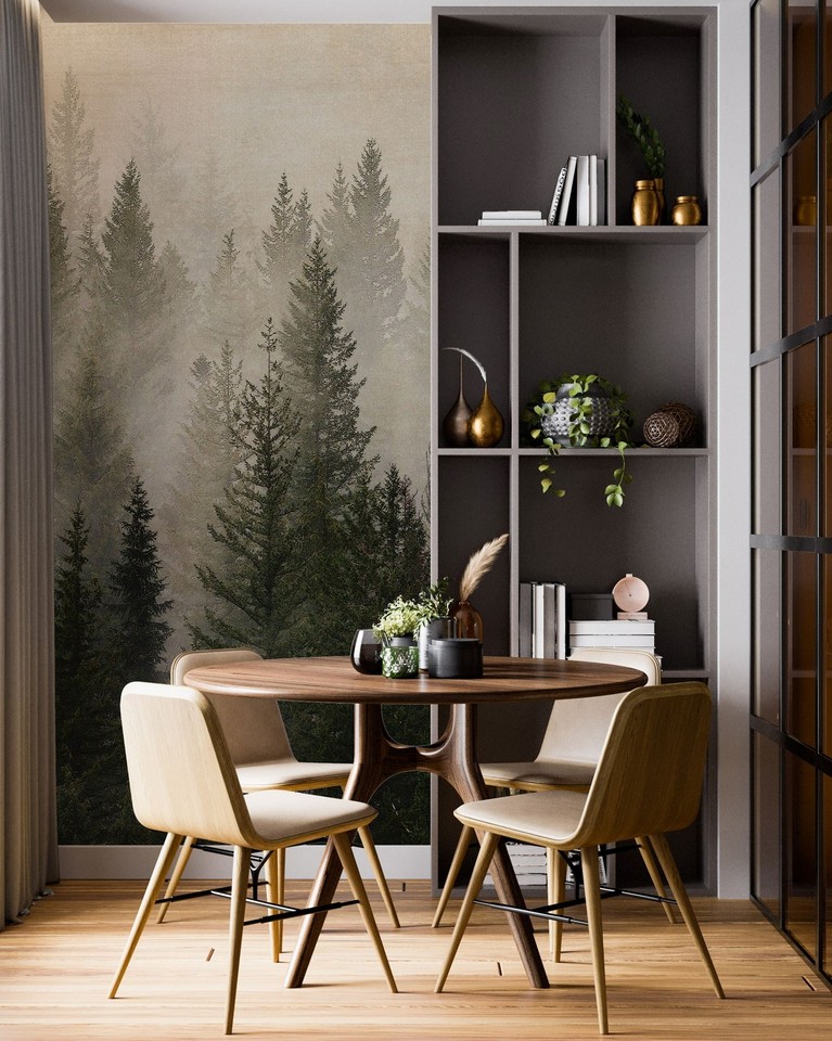 Misty Pine Tree Forest Landscape Wallpaper. Peel and Stick Wall Mural ...