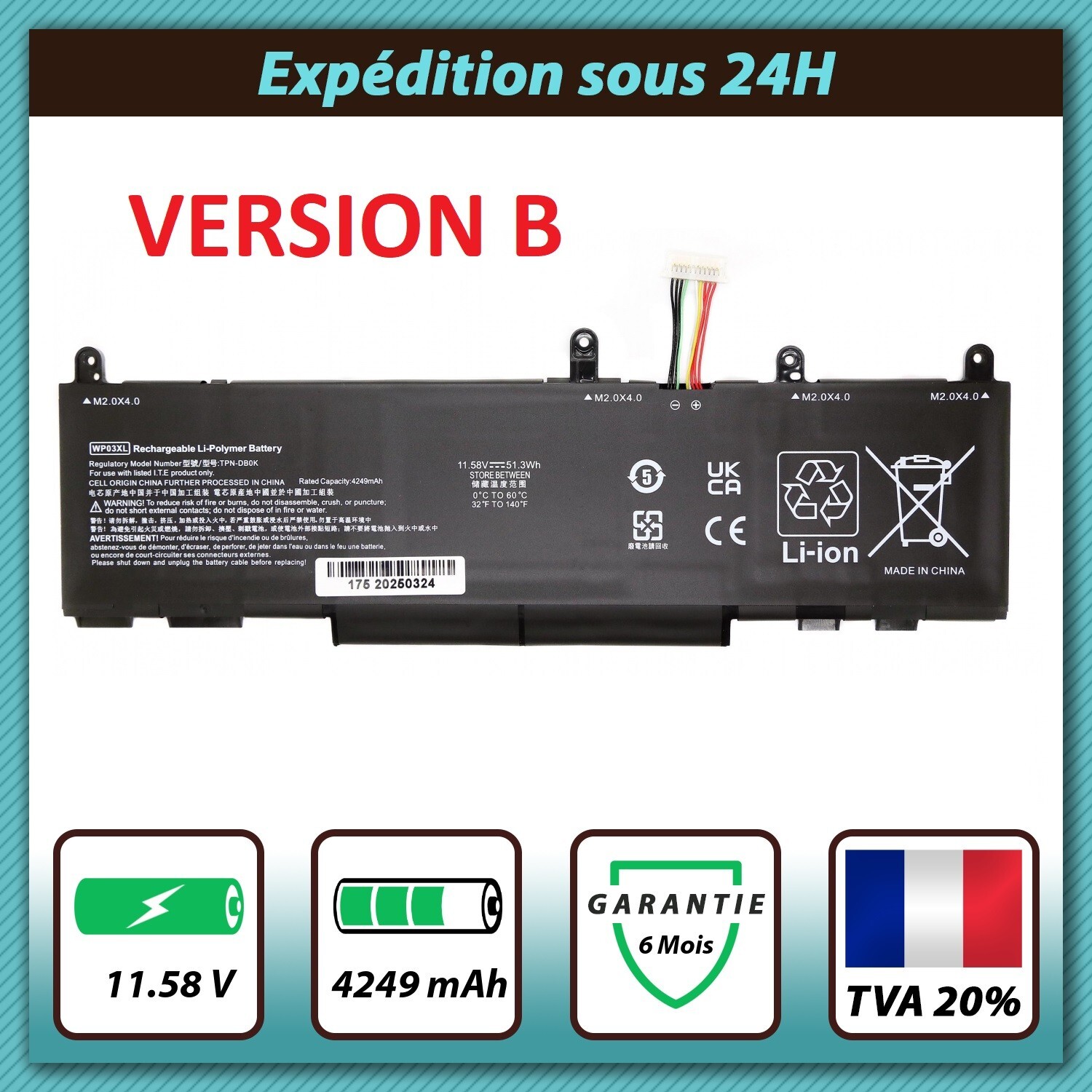 Batterie 11.58V 4249mAh pour HP EliteBook x360 1040 G9 WP03XL de remplacement haut de gamme