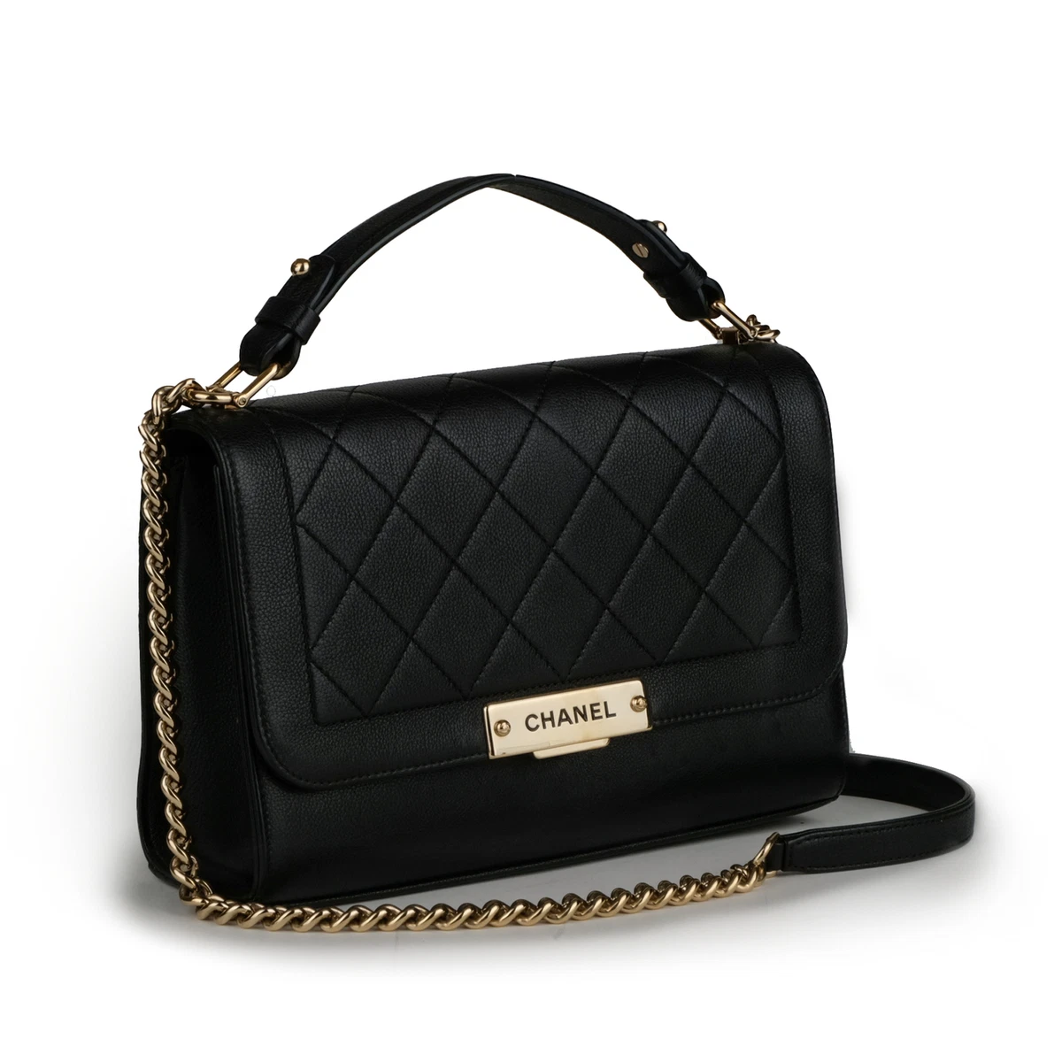 CHANEL Click Label Medium Black Quilted Leather Top Handle Shoulder Bag