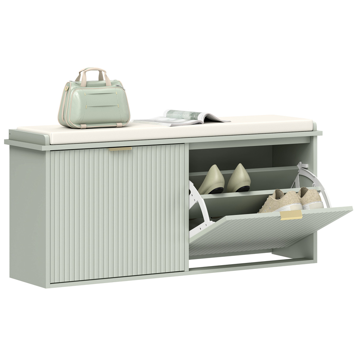 HOMCOM Shoe Rack Bench with Cushion - Green - Linen/Gold - 240kg Capacity - Image 2