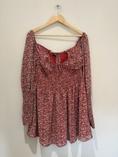 PrettyLittleThing Red Floral Shirred Mini Dress UK 14