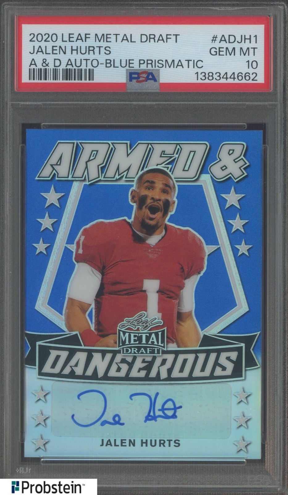 Jalen Hurts Leaf Metal Draft Armed & Dangerous Autographs #ADJH1 Blue Prismatic