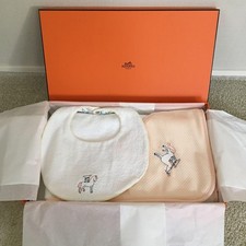 Hermes Baby Gift Set Cabriole Bib Bath Wrap Towel Cotton Blanc Creme White Pink