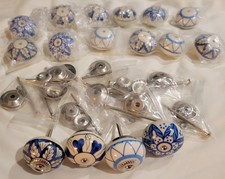 Set Of 16 Ceramic Drawer/Cabinet Knobs, White W/4 Hand-Painted Blue Designs