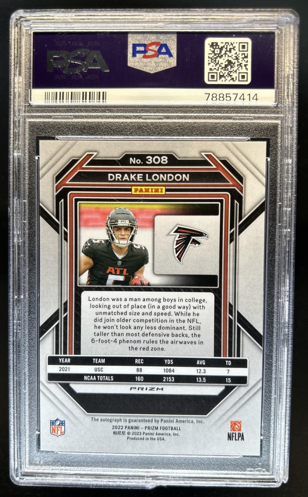 2022 Panini Prizm Drake London Auto RC Silver Rookie #308 Falcons PSA 10 view 2