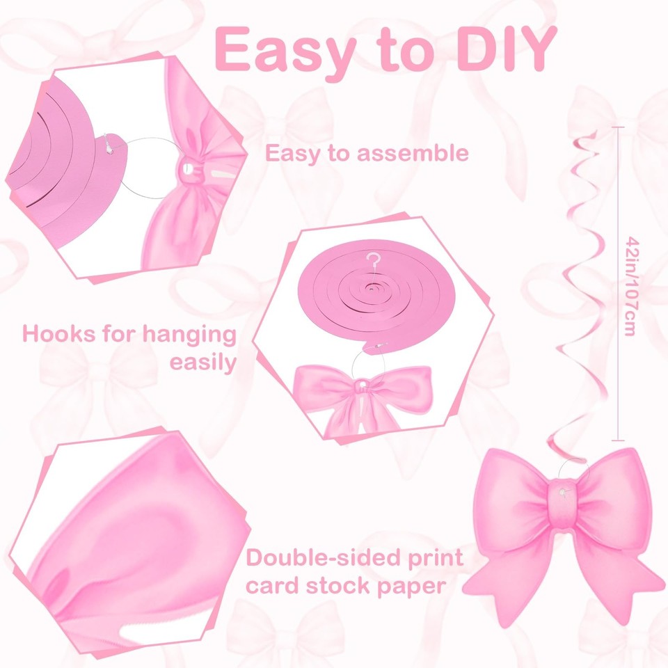 Pink Bow Party Decorations 20 PCS Hanging Swirl Bowknot Bow Themed ...