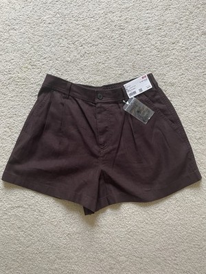 NWT UNIQLO Women Linen Cotton Shorts Size M 38 Dark Brown