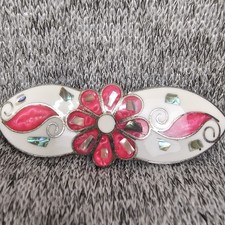VTG Mexican Alpaca Silver Barrette Abalone Inlay Enamel Hair Clip Art 80s Pink