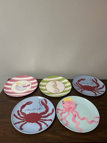Pottery Barn Kids Melamine 9” Plates Lot Of 5 Crab Ocean Beach Mermaid
