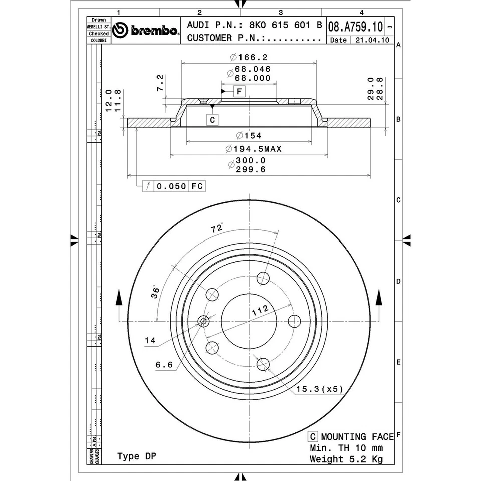 Kit de pastillas de freno rotores de freno traseros OE Brembo Prime para Audi A5 Quattro 2008-2017 Foto 2 de 4