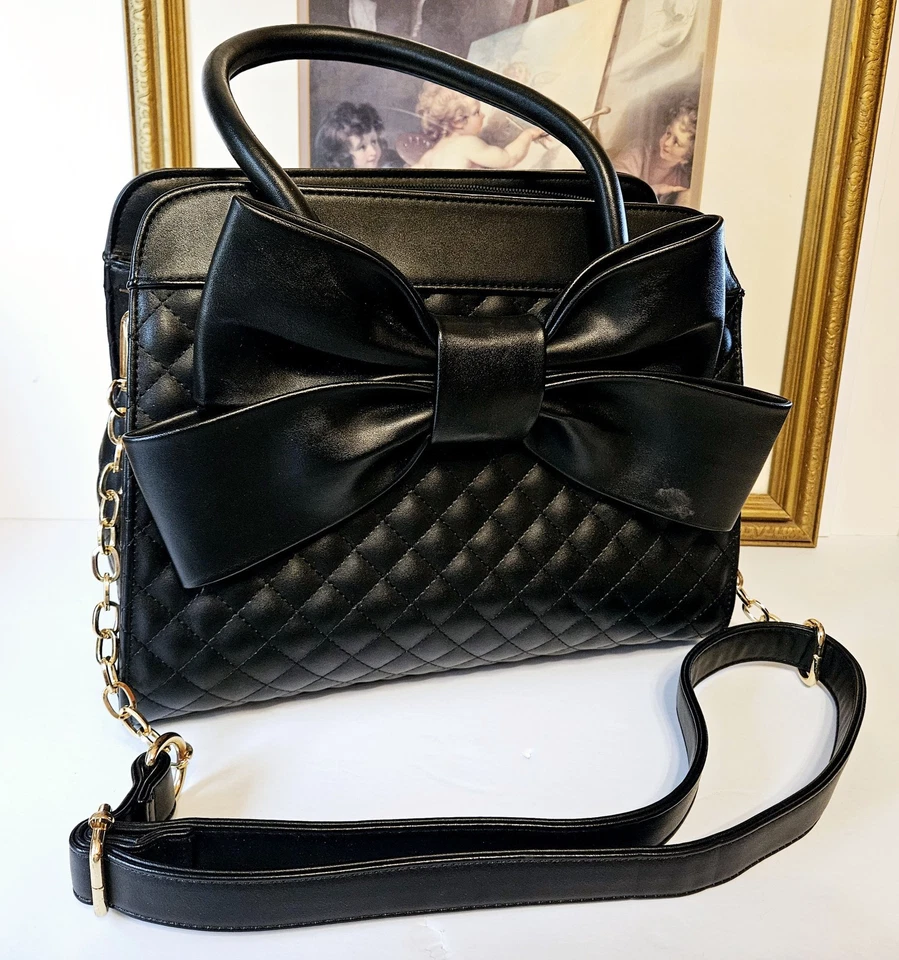 Scarleton Quilted Bow Purse – Black Vegan Leather Satchel, Girly Gift for Her - Image 2 of 4