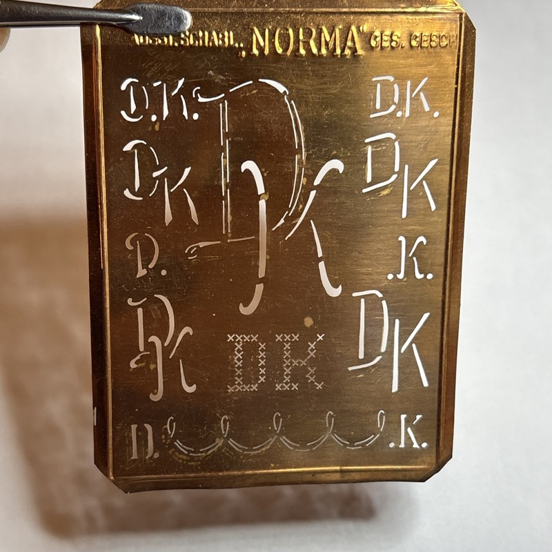 DK D K monogram initials letters copper stencil antique family tree name sign